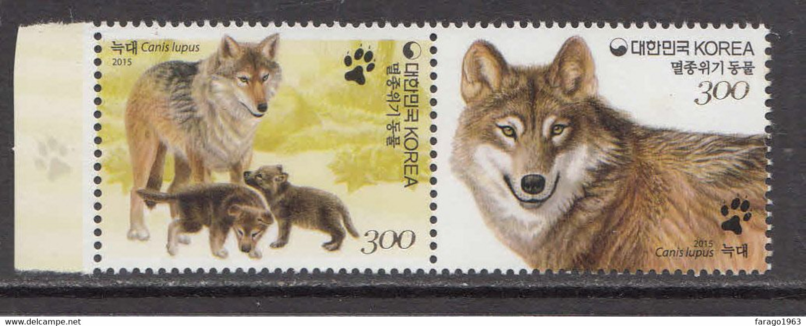 2015 South Korea Wolves Endangered Wildlife GOLD FOIL Complete Pair  MNH - Corea Del Sud