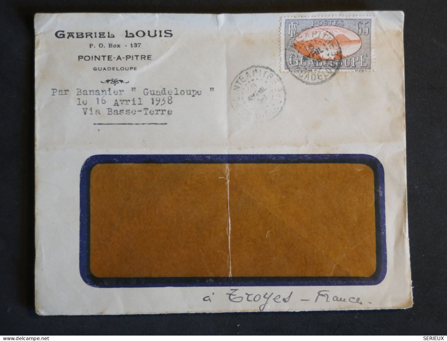 DN15 GUADELOUPE   LETTRE RR   FENETRE   1938   POINTE  A PITRE  A TROYES FRANCE PAR BANANIER + AFF. INTERESSANT++ - Storia Postale