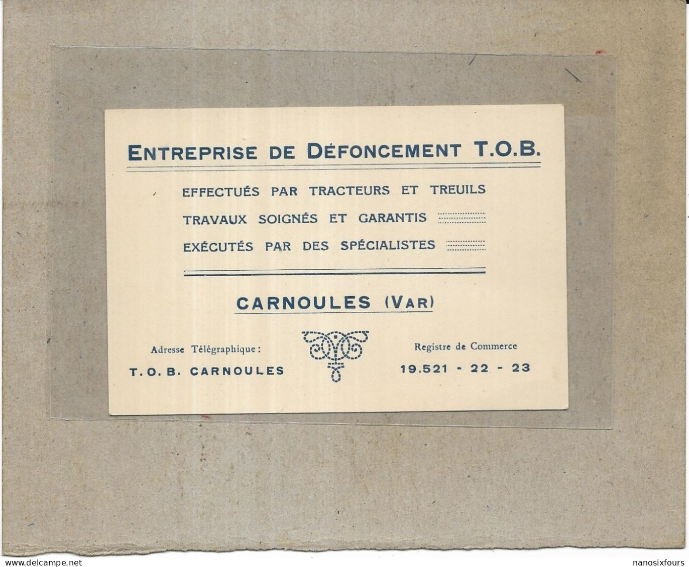 D 83.  CARNOULES.  CARTE DE VISITE. ENTREPRISE DE DEFONCEMENT T.O.B. - Autres & Non Classés