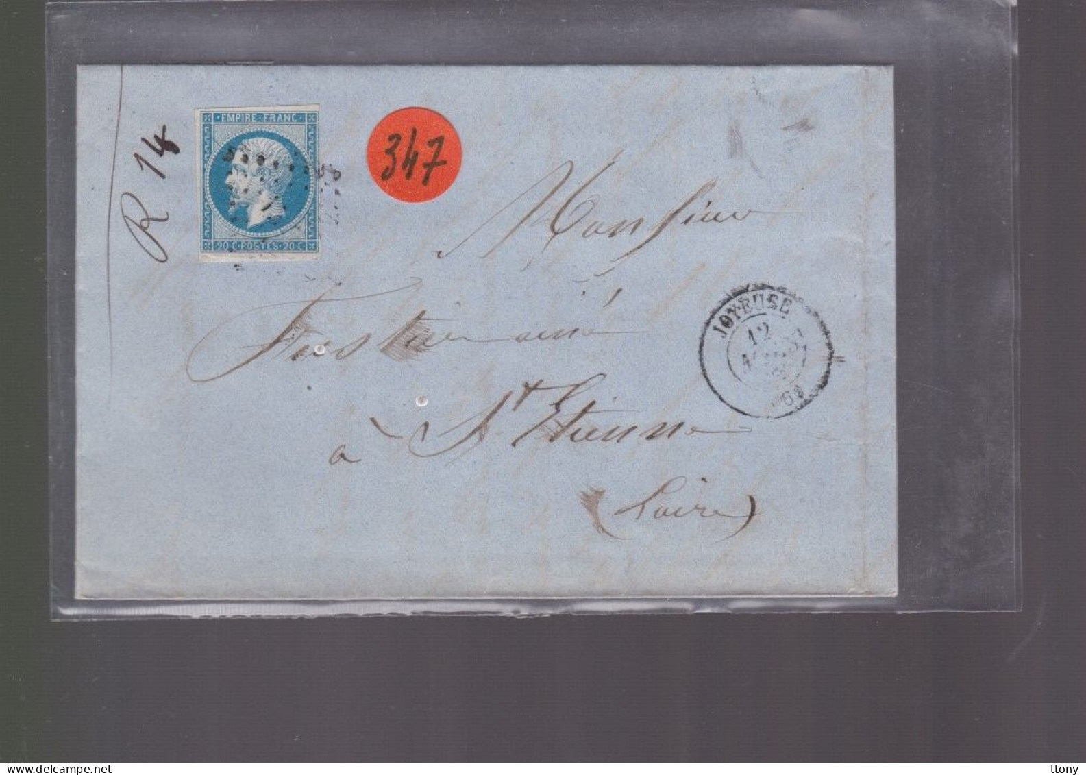 Timbre  Napoléon III N° 14   20 C Bleu Cachet   Joyeuse    Destination  St -Etienne  1862 - 1849-1876: Klassik