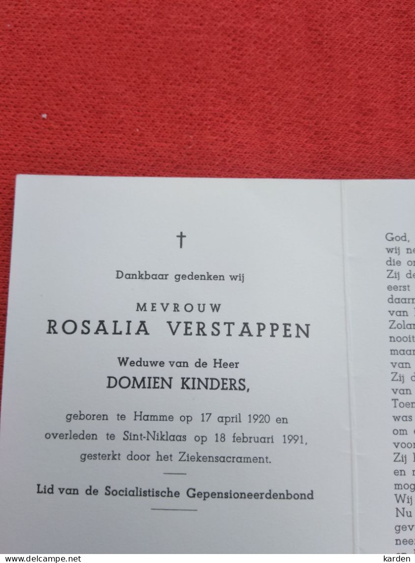 Doodsprentje Rosalia Verstappen / Hamme 17/4/1920 Sint Niklaas 18/2/1991 ( Domien Kinders ) - Godsdienst & Esoterisme