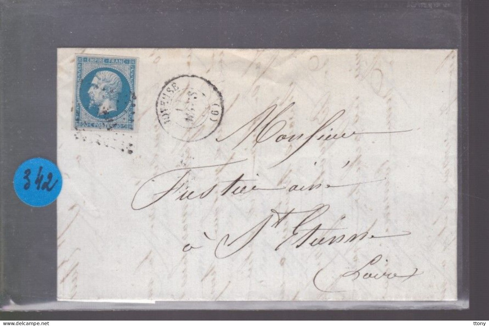 Timbre  Napoléon III N° 14   20 C Bleu Cachet   Joyeuse    Destination  St -Etienne  1862 - 1849-1876: Periodo Classico