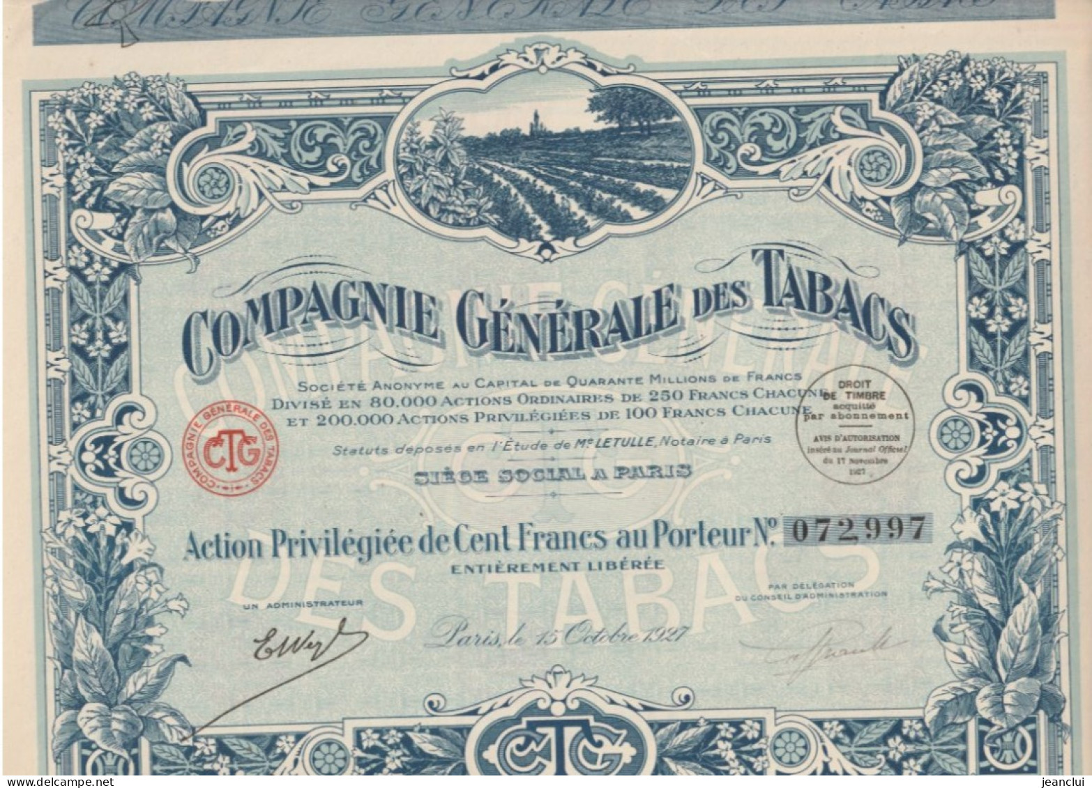 COMPAGNIE GENERALE DES TABACS . ACTION DE 100 FRANCS AU PORTEUR N° 072.997 . COMPTETE AVEC SES 40 COUPONS - Sonstige & Ohne Zuordnung