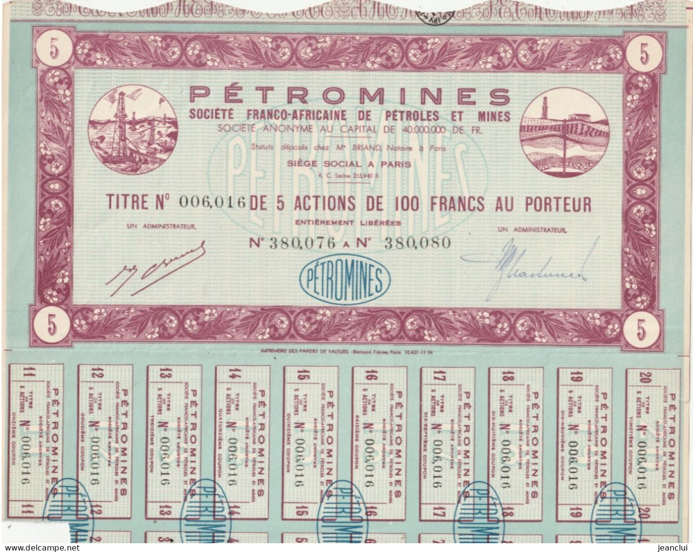 PETROMINES . SOCIETE FRANCO-AFRICAINE DE PETROLES ET MINES TITRE N° 006.016 DE 5 ACTIONS DE 100 FRANCS AU PORTEUR19 COUP - Aardolie