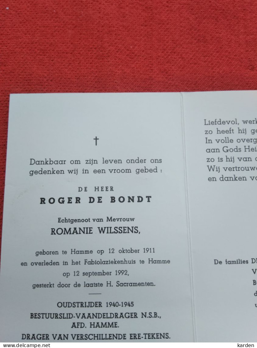 Doodsprentje Roger De Bondt / Hamme 12/10/1911 - 12/9/1992 ( Romanie Wilssens ) - Religión & Esoterismo