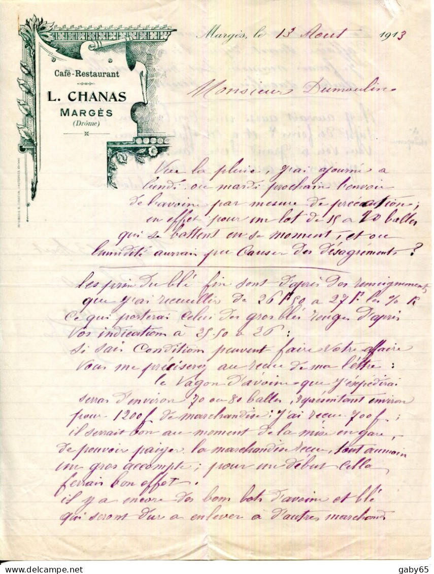 FACTURE.26.DRÔME.MARGÉS.CAFÉ-RESTAURANT.L.CHANAS. - Autres & Non Classés