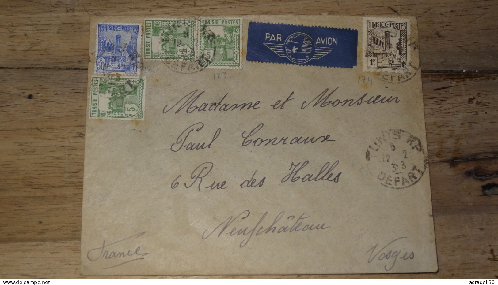 Enveloppe Tunisie, Avion, Tunis 1938   ......... Boite1 ...... 240424-48 - Brieven En Documenten