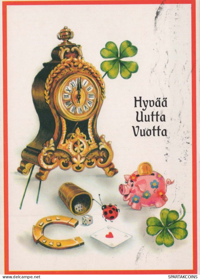 Happy New Year Christmas TABLE CLOCK HORSESHOE Vintage Postcard CPSM #PAT775.A - Neujahr