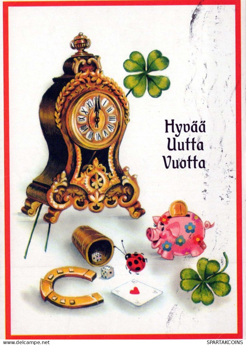 Happy New Year Christmas TABLE CLOCK HORSESHOE Vintage Postcard CPSM #PAT775.A - Nouvel An