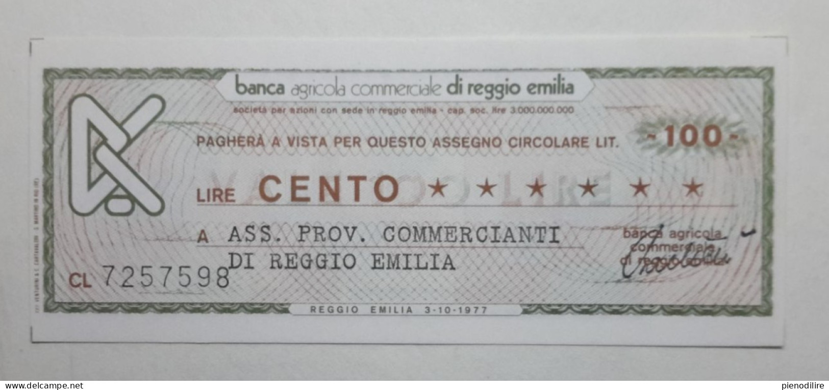 BANCA AGRICOLA COMMERCIALE DI REGGIO EMILIA, 100 Lire 03.10.1977 Ass. Prov. Commercianti (A1.45) - [10] Assegni E Miniassegni