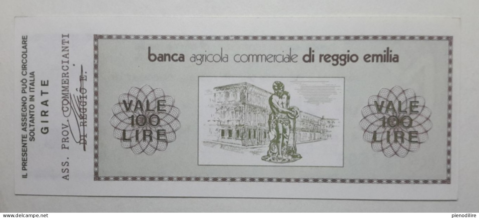 BANCA AGRICOLA COMMERCIALE DI REGGIO EMILIA, 100 Lire 03.10.1977 Ass. Prov. Commercianti (A1.45) - [10] Checks And Mini-checks