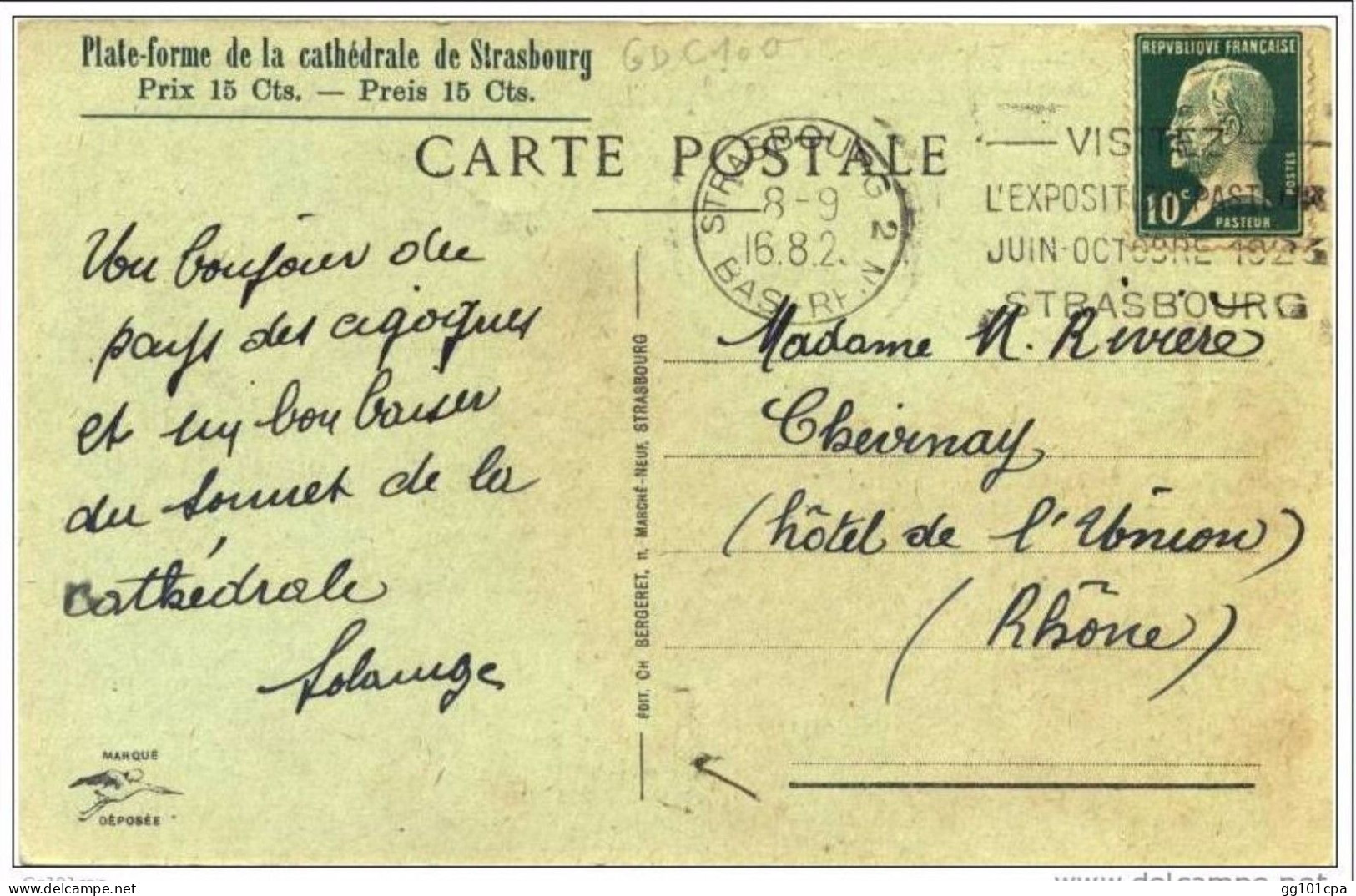 Flamme Concordante "Strasbourg Exposition Pasteur"1923 Timbre PASTEUR CP Strasbourg - Paiement Par MANGOPAY Uniquement - Maschinenstempel (Werbestempel)