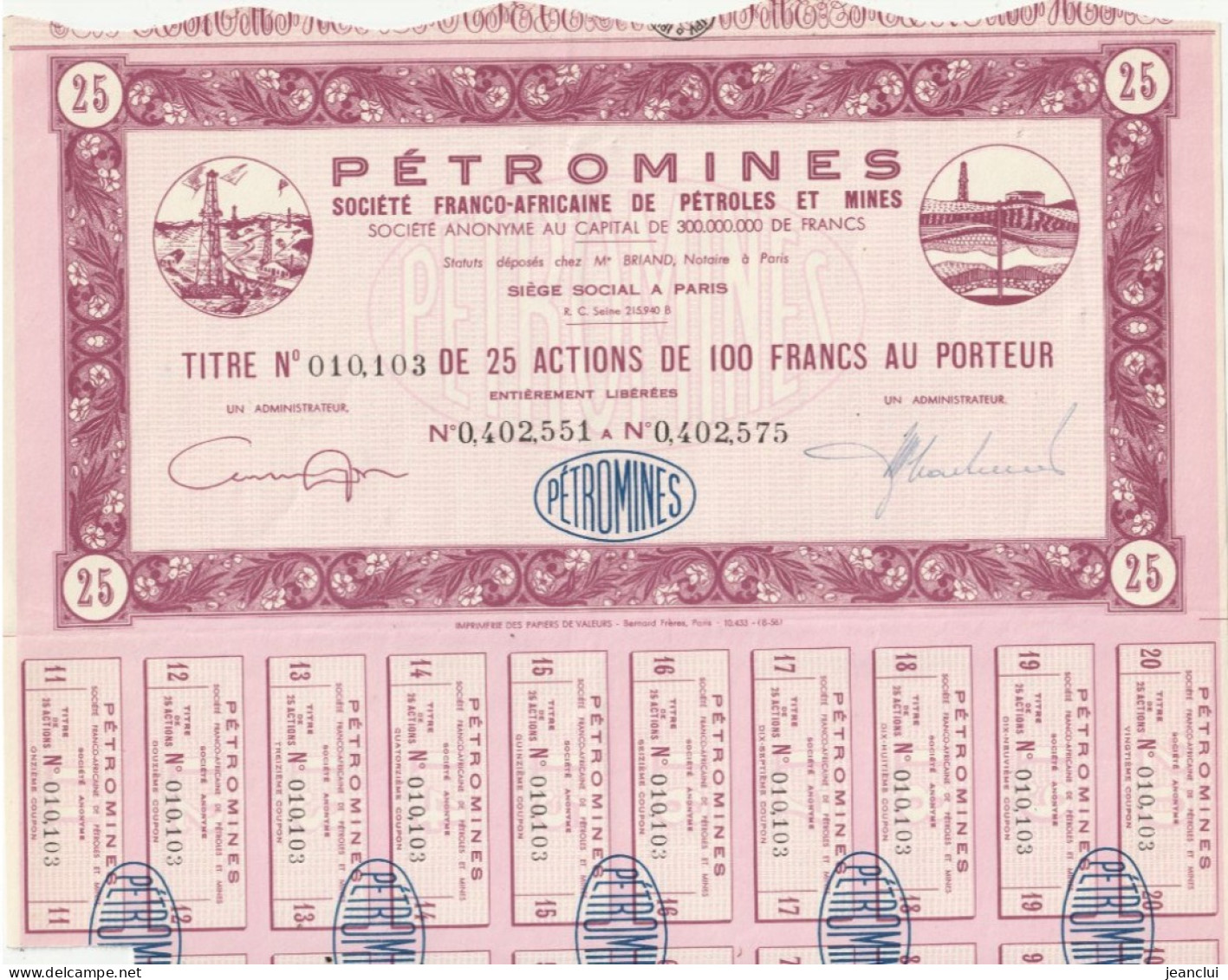 PETROMINES. SOCIETE FRANCO-AFRICAINE DE PETROLES ET MINES TITRE N° 010.103 DE 25 ACTIONS DE 100 FRANCS AU PORTEUR19 COUP - Petróleo