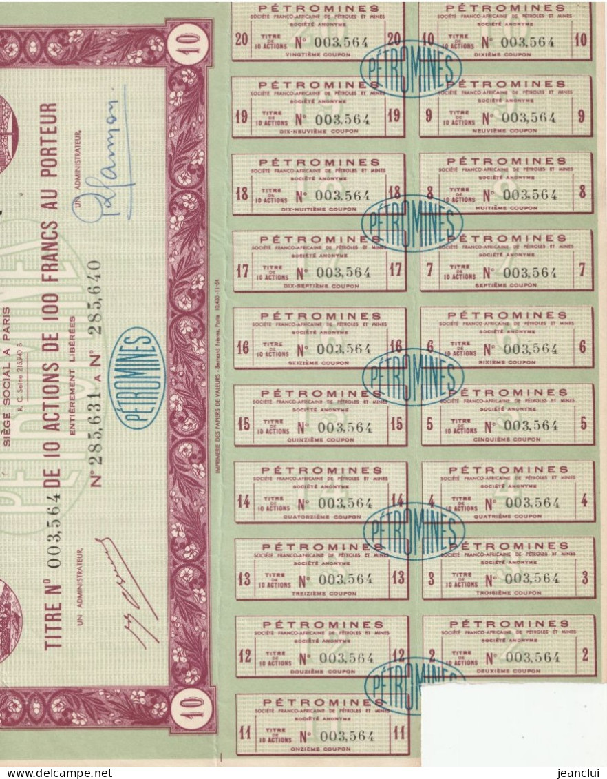 PETROMINES. SOCIETE FRANCO-AFRICAINE DE PETROLES ET MINES TITRE N° 003.564 DE 10 ACTIONS DE 100 FRANCS AU PORTEUR19 COUP - Petróleo