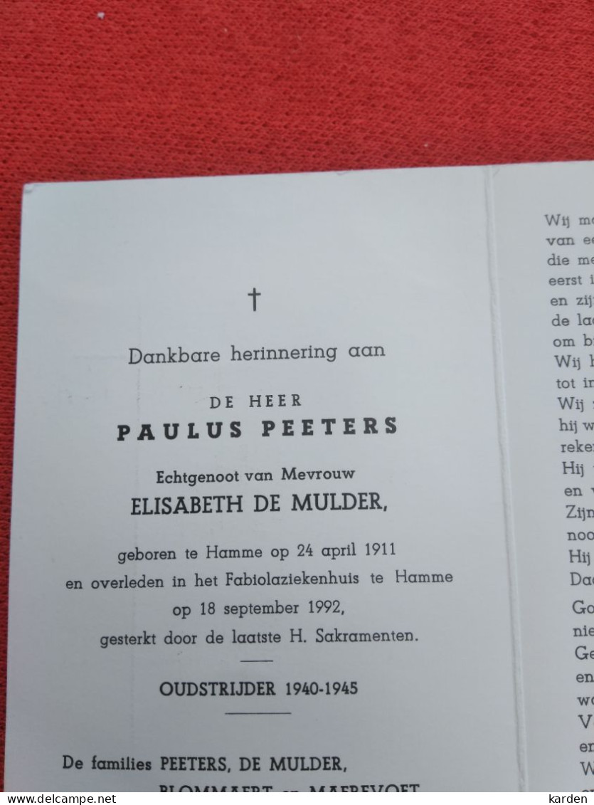 Doodsprentje Paulus Peeters / Hamme 24/4/1911 - 18/9/1992 ( Elisabeth De Mulder ) - Religión & Esoterismo