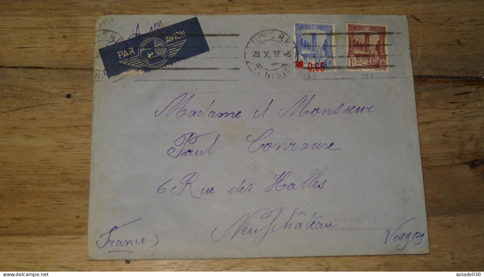 Enveloppe Tunisie, Avion, Tunis 1937   ......... Boite1 ...... 240424-53 - Briefe U. Dokumente