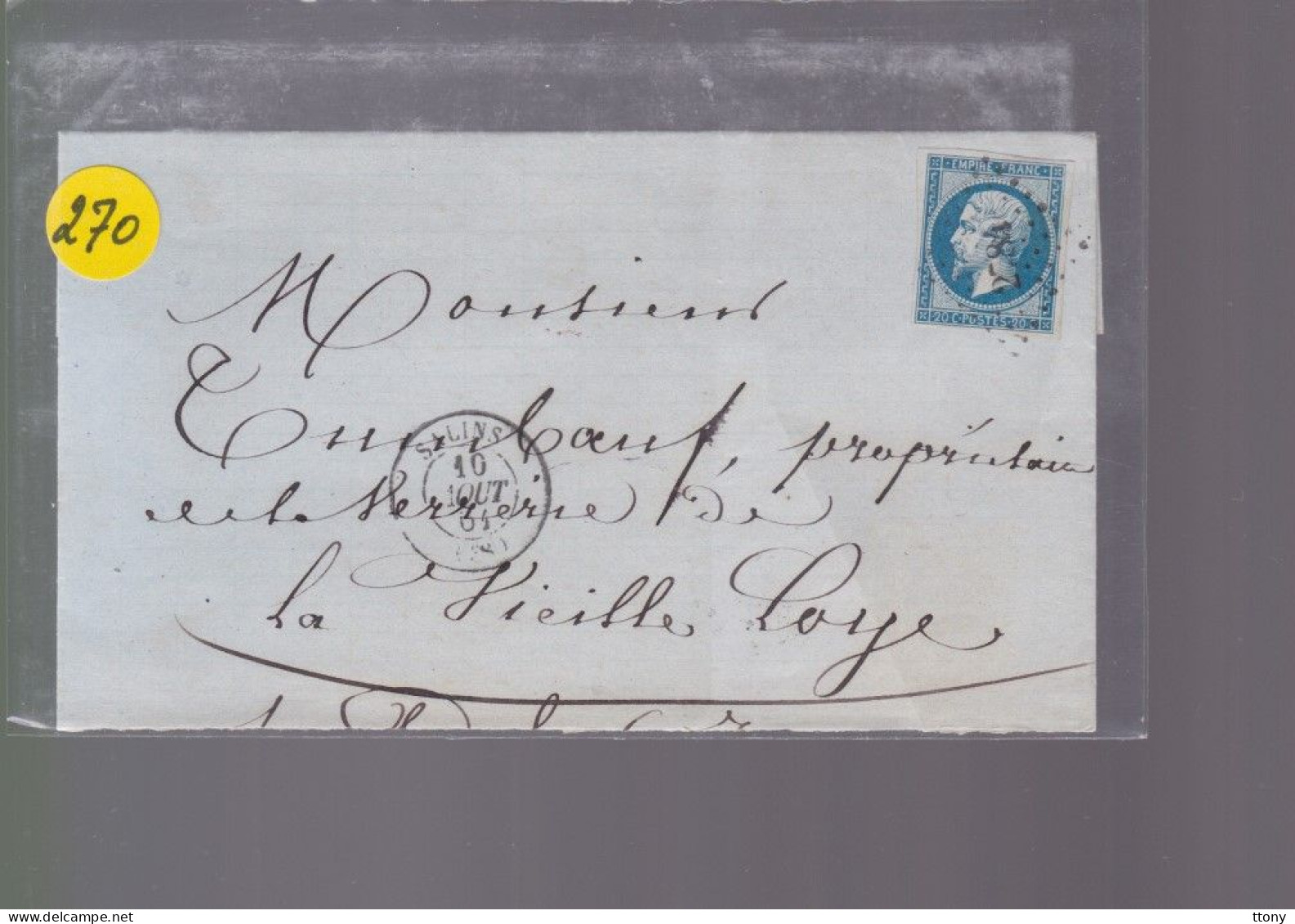 Un  Timbre  Napoléon III   N°  14   20 C Bleu  Sur Enveloppe ( S.C )   1864 Destination  Verrerie  De La Vielle Loye - 1849-1876: Periodo Classico