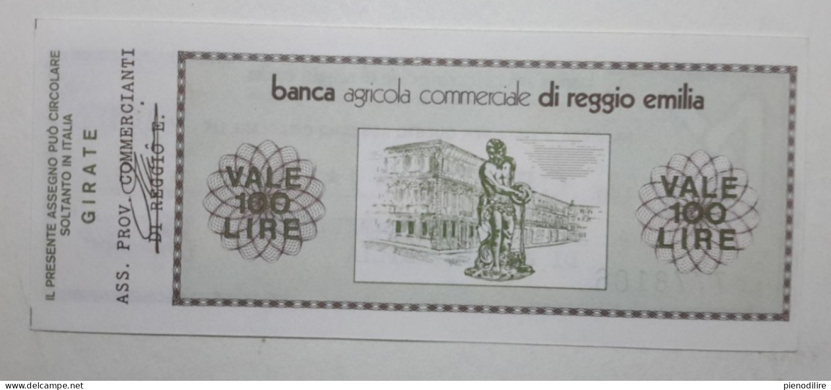 BANCA AGRICOLA COMMERCIALE DI REGGIO EMILIA, 100 Lire 07.10.1977 Ass. Prov. Commercianti (A1.48) - [10] Scheck Und Mini-Scheck