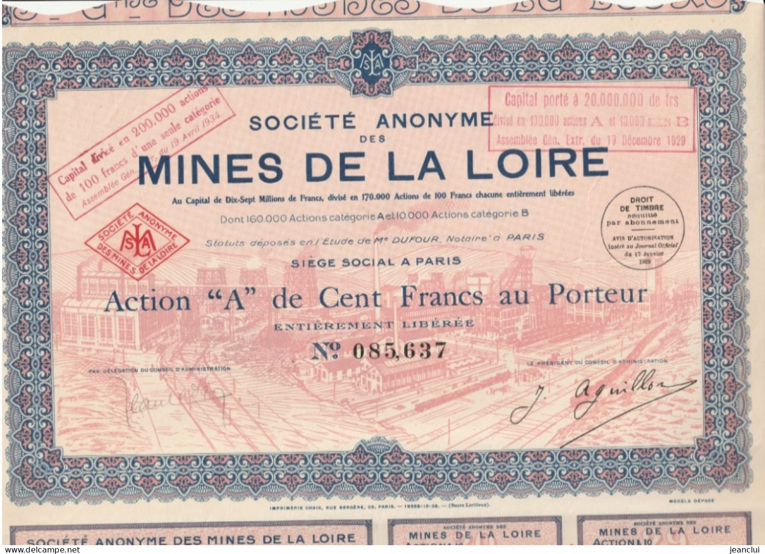 SOCIETE ANONYME DES MINES DE LA LOIRE . ACTION A DE 100 FRANCS AU PORTEUR N° 085.637  . RESTE 9 COUPONS - Mineral