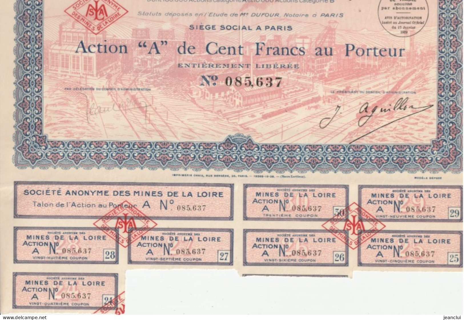 SOCIETE ANONYME DES MINES DE LA LOIRE . ACTION A DE 100 FRANCS AU PORTEUR N° 085.637  . RESTE 9 COUPONS - Miniere