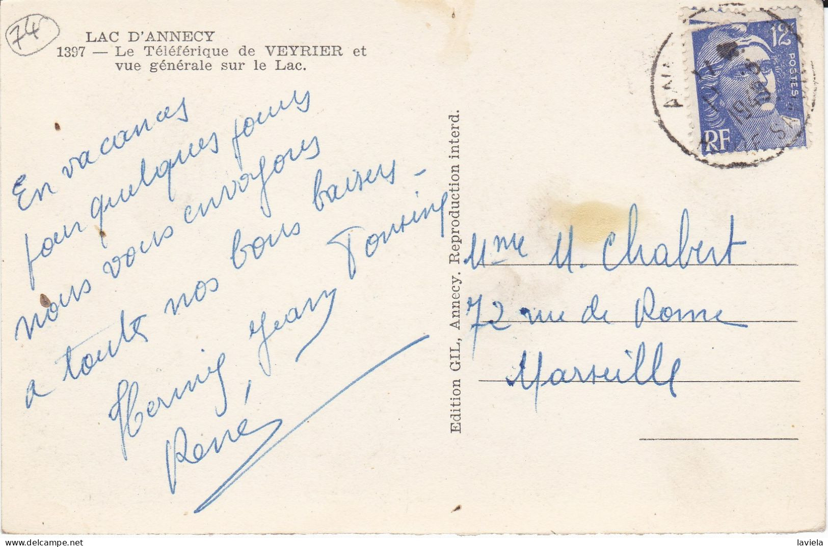 74 LAC D'ANNECY - Le Téléphérique De VEYRIER Et Vue Générale Sur Le Lac - Circulée 1949 - Veyrier