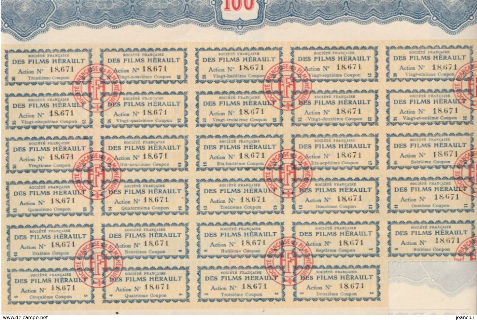 SOCIETE FRANCAISE DES FILMS HERAUL . ACTION DE 100 FRANCS AU PORTEUR N° 18.671 . 3 AVRIL 1925. 29 COUPONS SUR 30 - Cinéma & Théatre