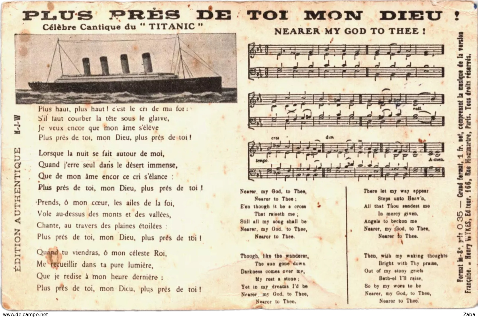 Antique Rare TITANIC Ship Plus Music Notes Pres De Toi Mon Dieu! Postcard, Not Traveled. - Andere & Zonder Classificatie