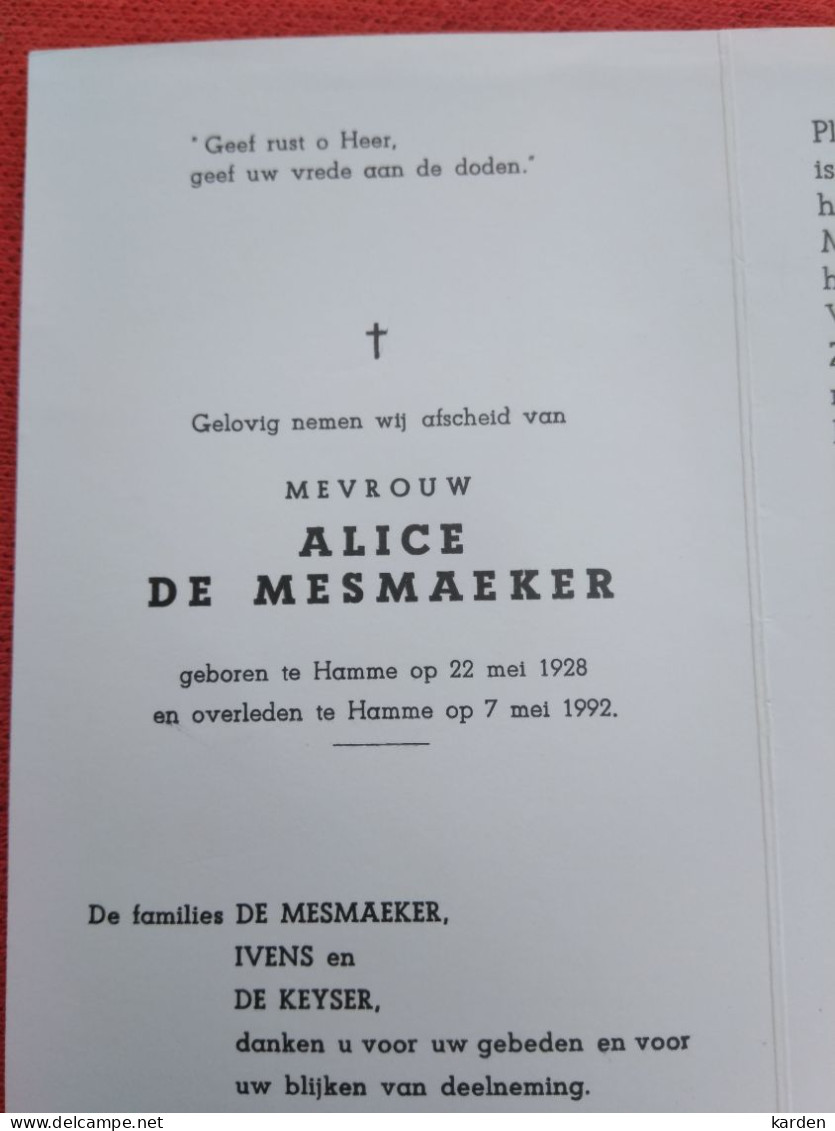 Doodsprentje Alice De Mesmaeker / Hamme 22/5/1928 - 7/5/1992 - Religión & Esoterismo