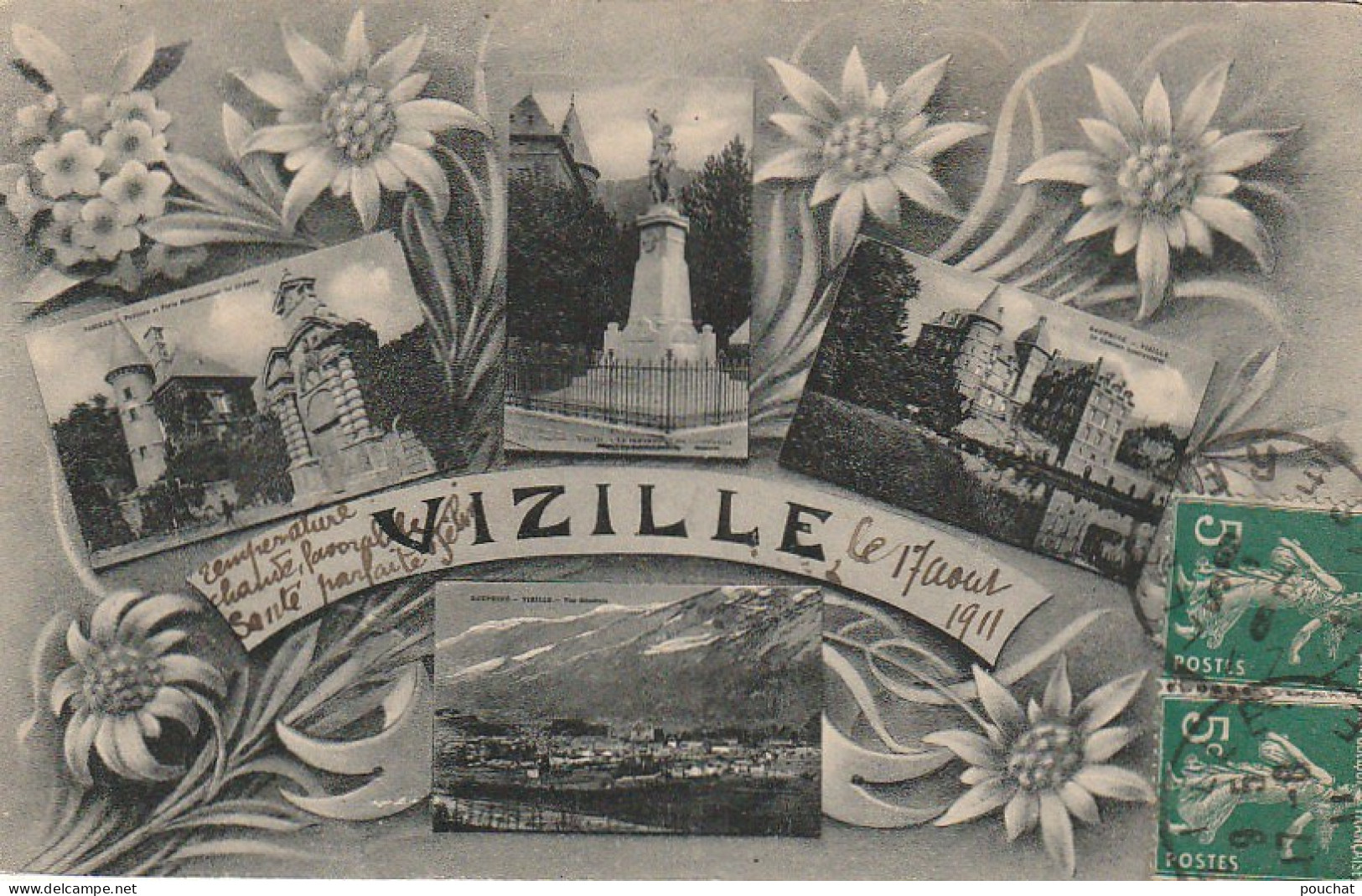 DE 16 -(38) VIZILLE  - CARTE FANTAISIE MULTIVUES AVEC FLEURS  EDELWEISS   -  2 SCANS - Vizille