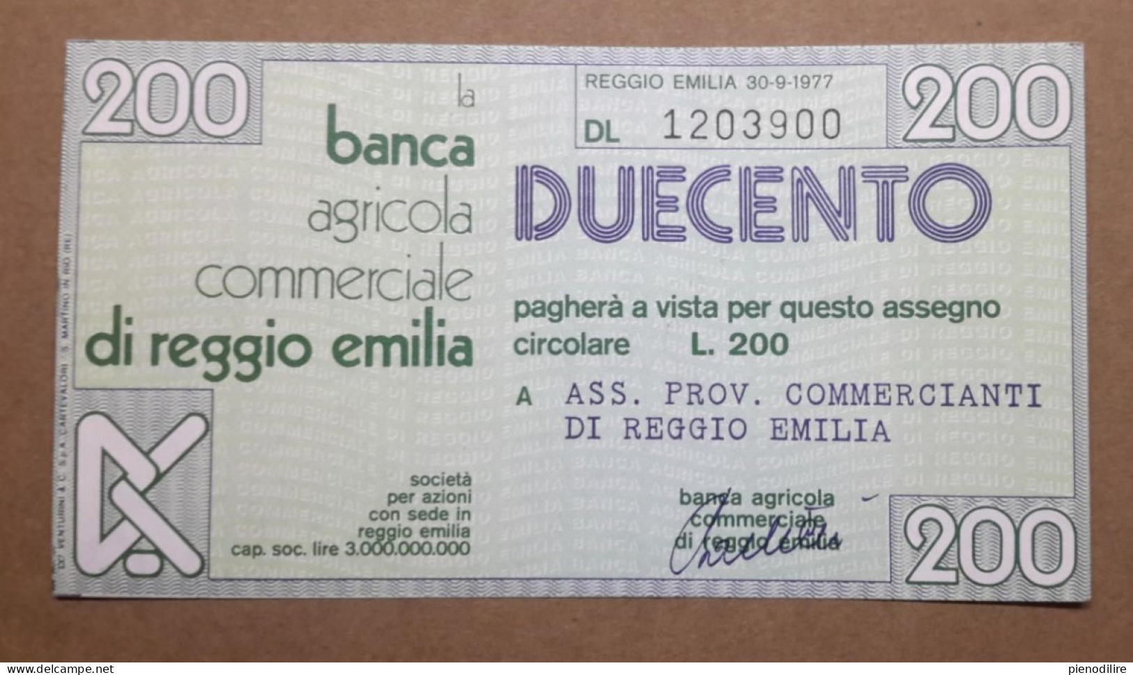 BANCA AGRICOLA COMMERCIALE DI REGGIO EMILIA, 200 Lire 30.09.1977 Ass. Prov. Commercianti (A1.50) - [10] Checks And Mini-checks