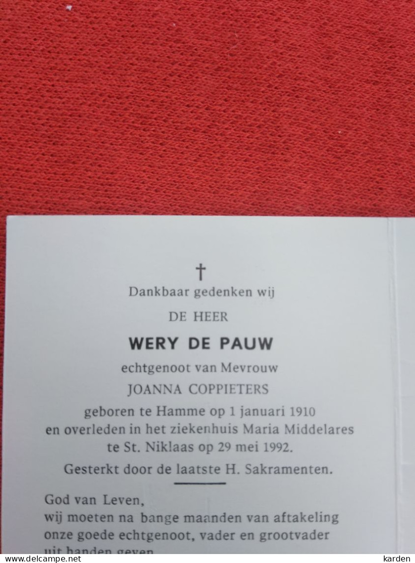 Doodsprentje Wery De Pauw / Hamme 1/1/1910 Sint Niklaas 29/5/1992 ( Joanna Coppieters ) - Godsdienst & Esoterisme