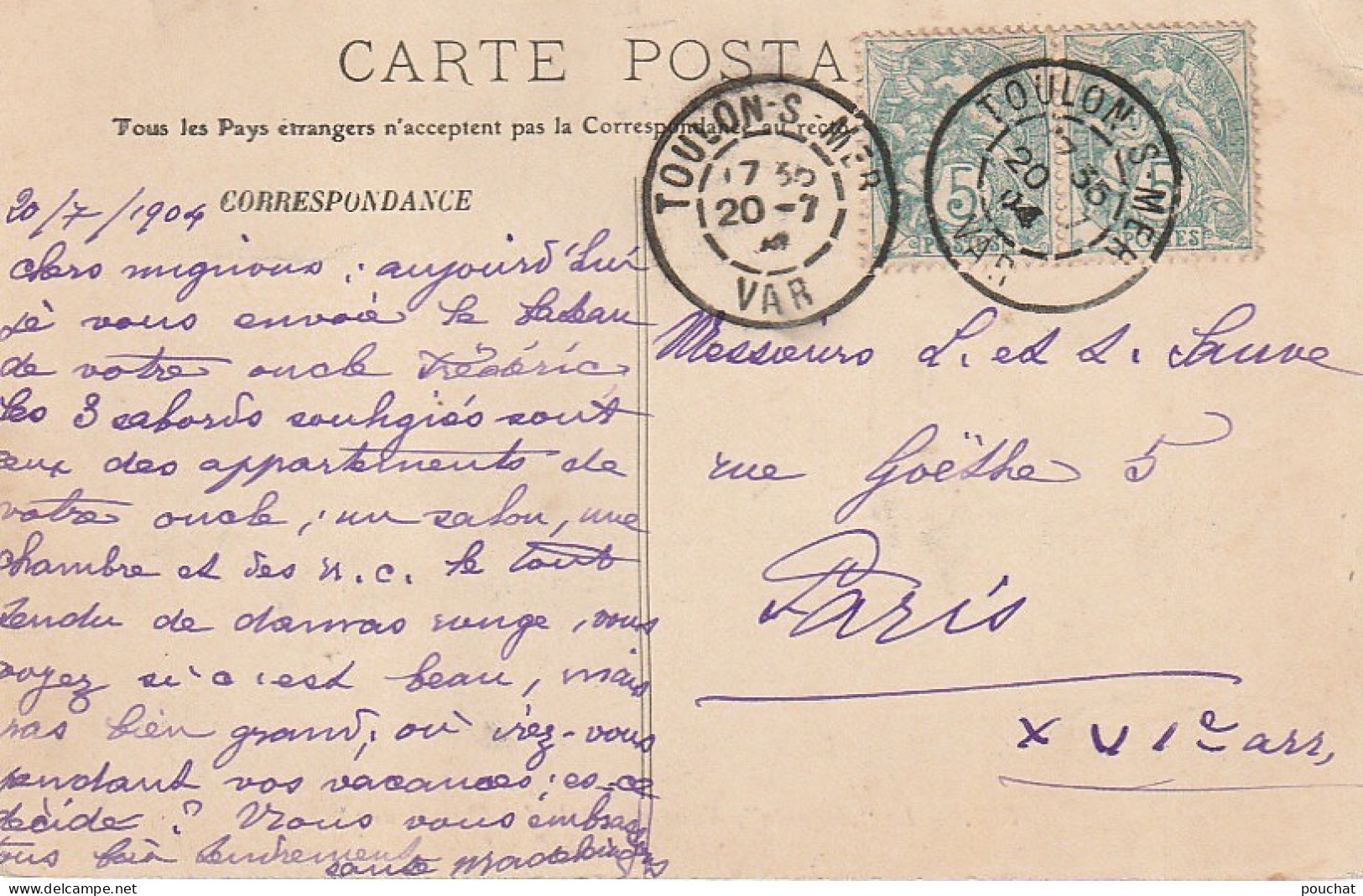 DE 3 - LE " MAGENTA "  - VAISSEAU ECOLE DES TORPILLEURS -  CORRESPONDANCE TOULON  1904  - 2 SCANS - Oorlog