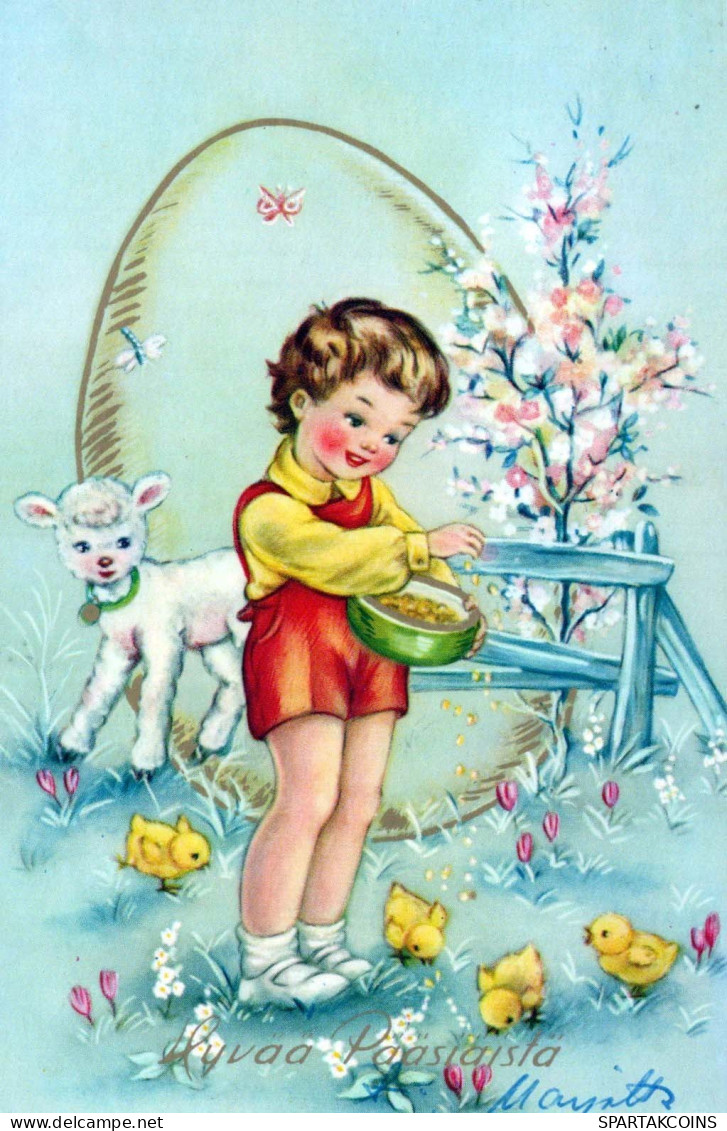 OSTERN KINDER HUHN EI Vintage Ansichtskarte Postkarte CPA #PKE335.A - Easter