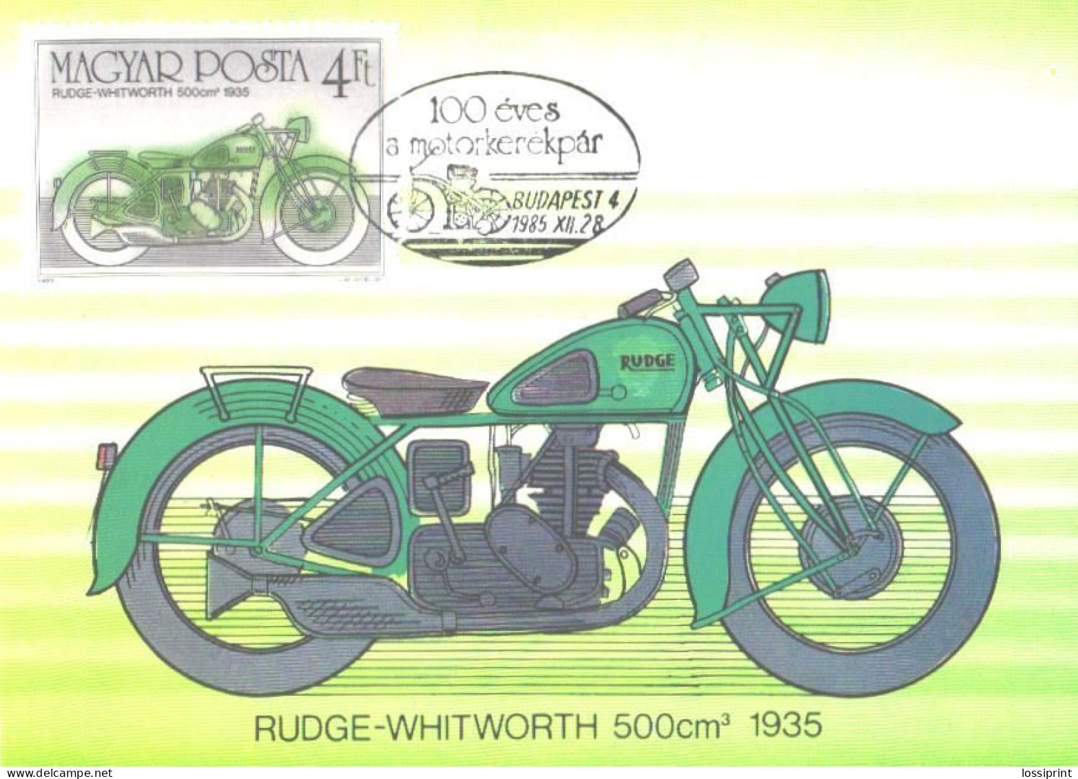 Hungary:Maxi Card, Motorbike Rudge-Whitworth 500 Cm3  1935, 1985 - Motorräder