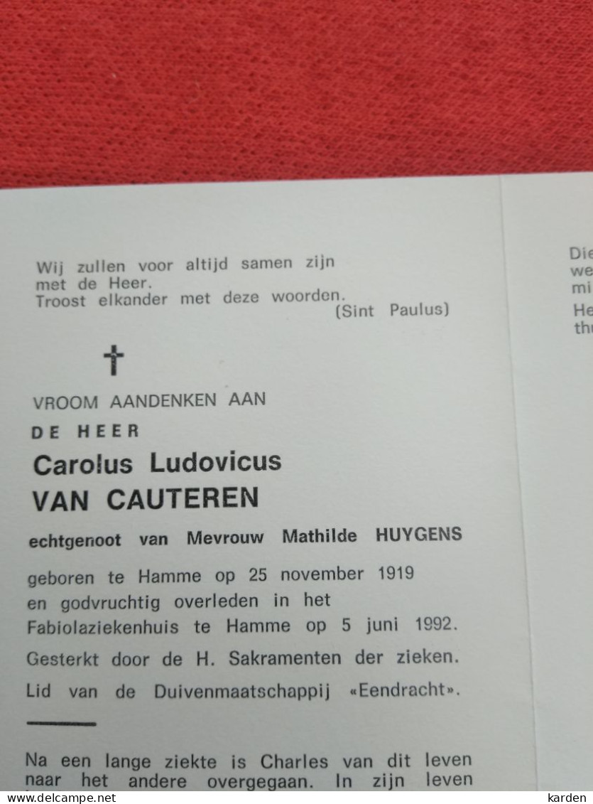 Doodsprentje Carolus Ludovicus Van Cauteren / Hamme 25/11/1919 - 5/6/1992 ( Mathilde Huygens ) - Religion &  Esoterik