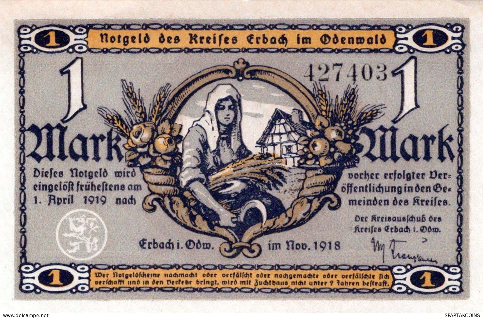 1 MARK 1919 Stadt ERBACH Hesse UNC DEUTSCHLAND Notgeld Banknote #PI538 - [11] Local Banknote Issues