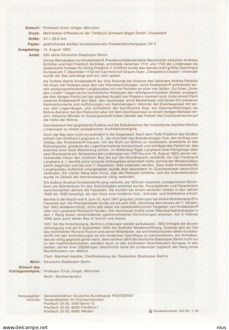 Germany Deutschland 1992-32 250 Jahre Deutsche Staatsoper, Music Musik Opera, Canceled In Bonn - 1991-2000