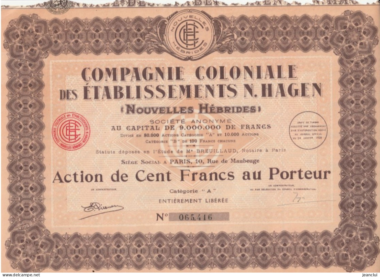 COMPAGNIE COLONIALE Des ETABLISSEMENTS N. HAGEN - NOUVELLES HEBRIDES N° 065.416  - COMPLETE AVEC SES 32 COUPONS - Altri & Non Classificati