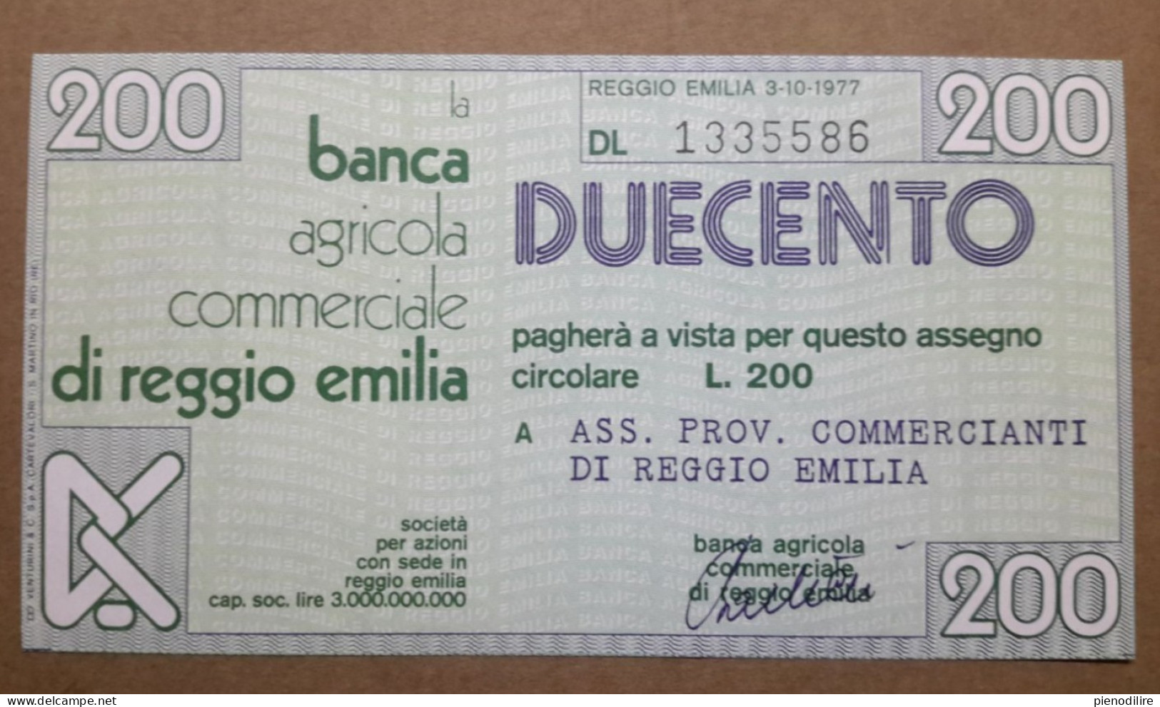 BANCA AGRICOLA COMMERCIALE DI REGGIO EMILIA, 200 Lire 03.10.1977 Ass. Prov. Commercianti (A1.51) - [10] Assegni E Miniassegni