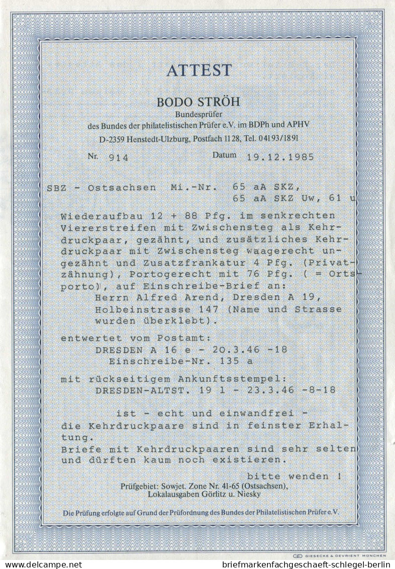 SBZ - Ostsachsen, 1946, 65aA SKZ, 65aA SKZ U, Brief - Autres & Non Classés