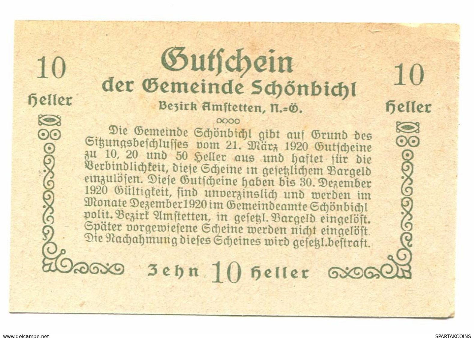 10 Heller 1920 SCHONBICHL Österreich UNC Notgeld Papiergeld Banknote #P10361 - [11] Local Banknote Issues
