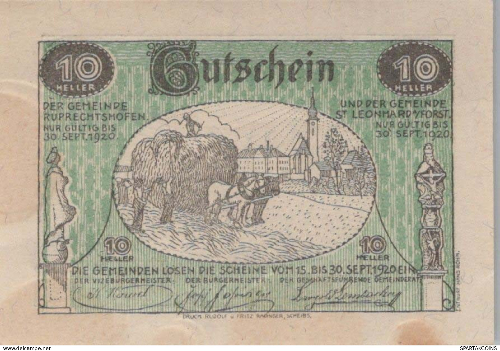 10 HELLER 1920 SANKT LEONHARD AM FORST AND RUPRECHTSHOFEN Österreich #PF009 - [11] Local Banknote Issues