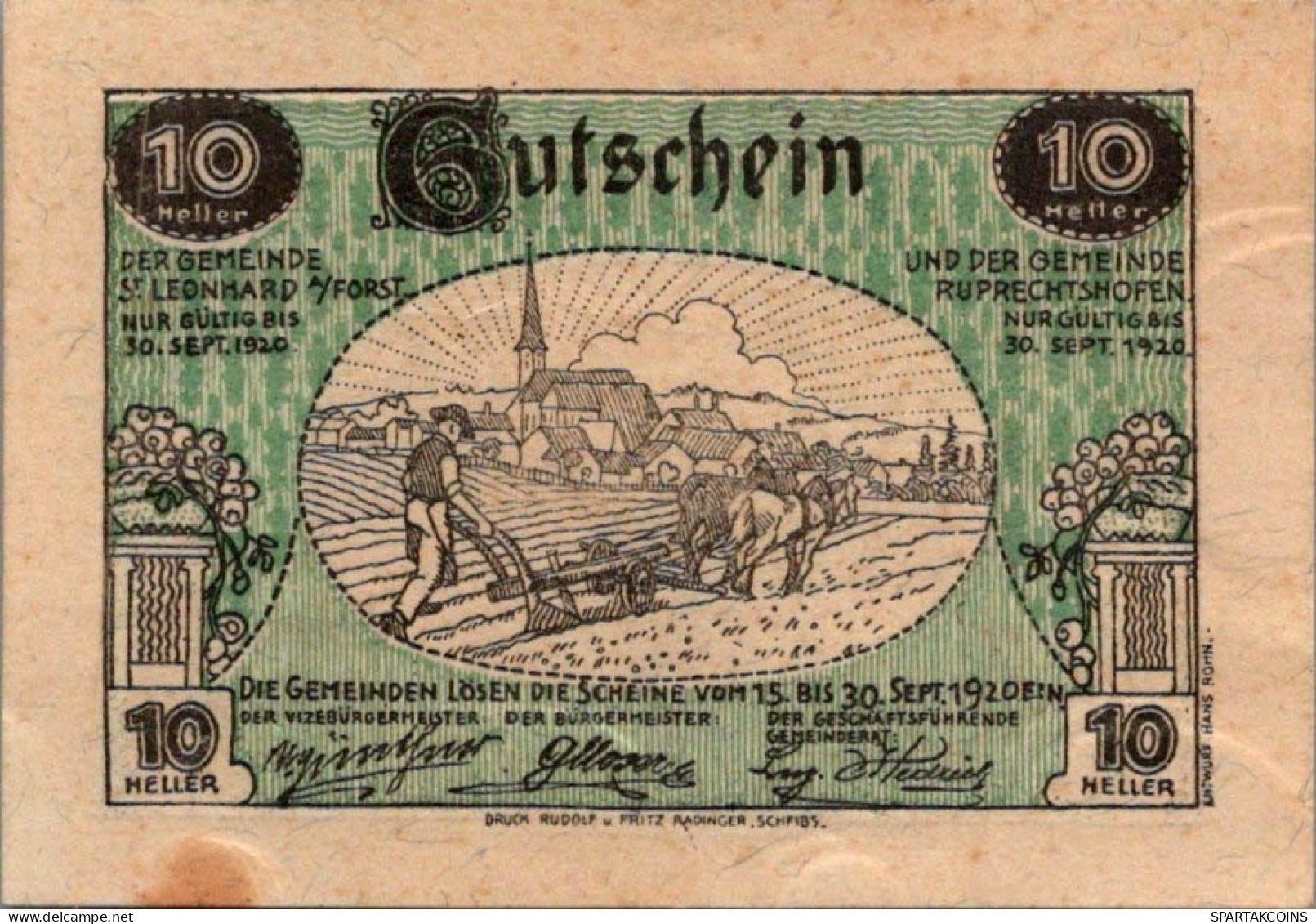 10 HELLER 1920 SANKT LEONHARD AM FORST AND RUPRECHTSHOFEN Österreich #PF009 - [11] Local Banknote Issues