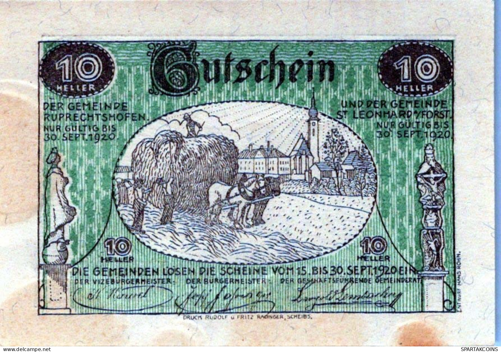10 HELLER 1920 SANKT LEONHARD AM FORST AND RUPRECHTSHOFEN Österreich #PF009 - [11] Local Banknote Issues