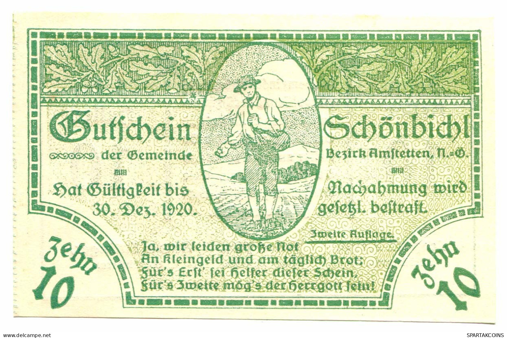 10 Heller 1920 SCHONBICHL Österreich UNC Notgeld Papiergeld Banknote #P10364 - [11] Local Banknote Issues
