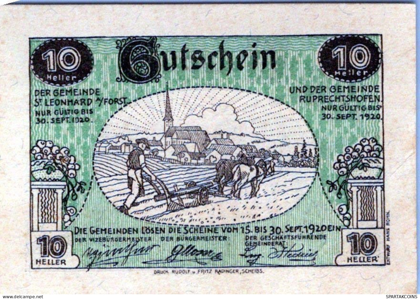 10 HELLER 1920 SANKT LEONHARD AM FORST AND RUPRECHTSHOFEN Österreich #PE670 - [11] Local Banknote Issues