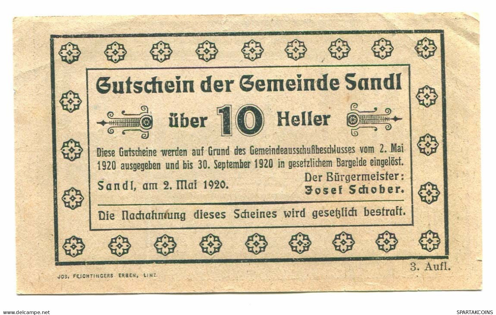 10 Heller 1920 SANDL Österreich UNC Notgeld Papiergeld Banknote #P10683 - [11] Local Banknote Issues
