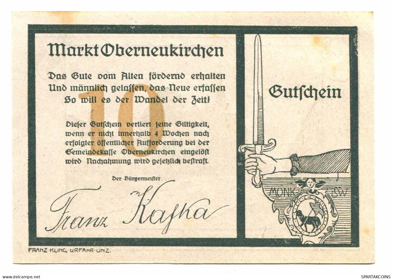 10 Heller 1920 OBERNEUKIRCHEN Österreich UNC Notgeld Papiergeld Banknote #P10439 - [11] Local Banknote Issues