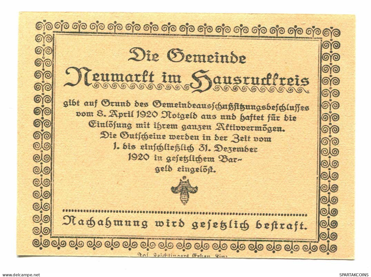 10 Heller 1920 NEUMARKT Österreich UNC Notgeld Papiergeld Banknote #P10520 - [11] Local Banknote Issues