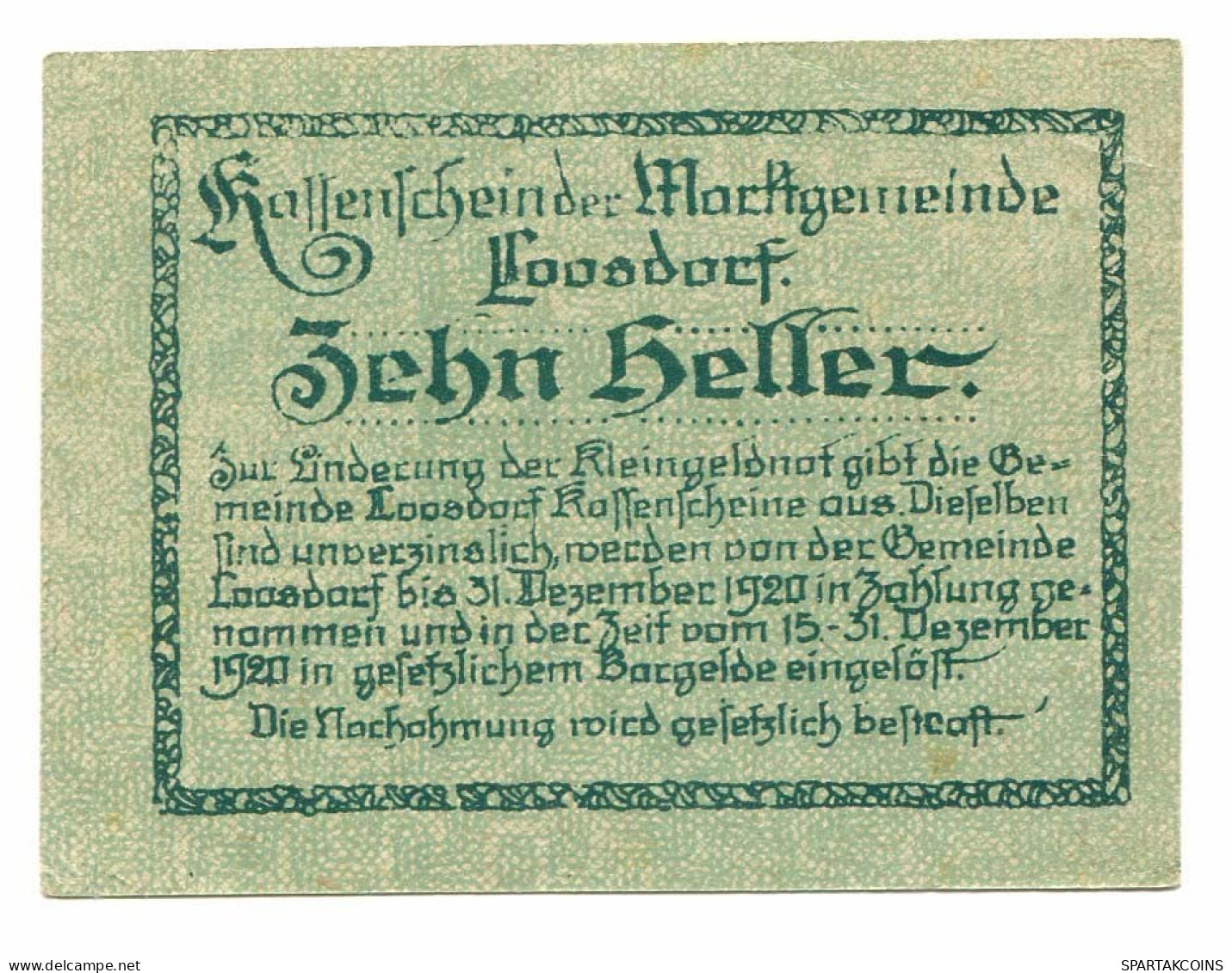 10 Heller 1920 LOOSDORF Österreich UNC Notgeld Papiergeld Banknote #P10719 - [11] Local Banknote Issues